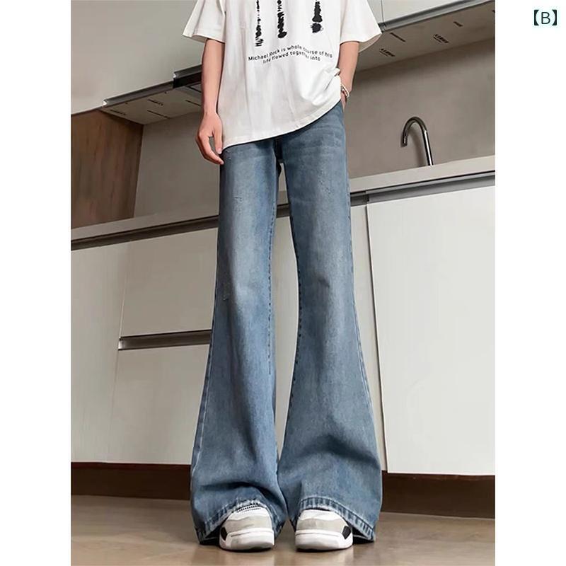 フレア パンツ ストリート 男性用 ライト ブルーの フレアジーンズ ストレート レッグスリム パンツ アメリカン レトロ バイブの ストリート ワイド レッグ シミター