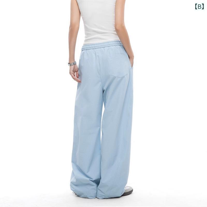 フレア パンツ ストリート アメリカン ネイビーブルーの クールで 速乾の ある マチェーテ カジュアル パンツ 男女兼用 夏用 ゆったり スポーツ ドレープ ワイド レッグ