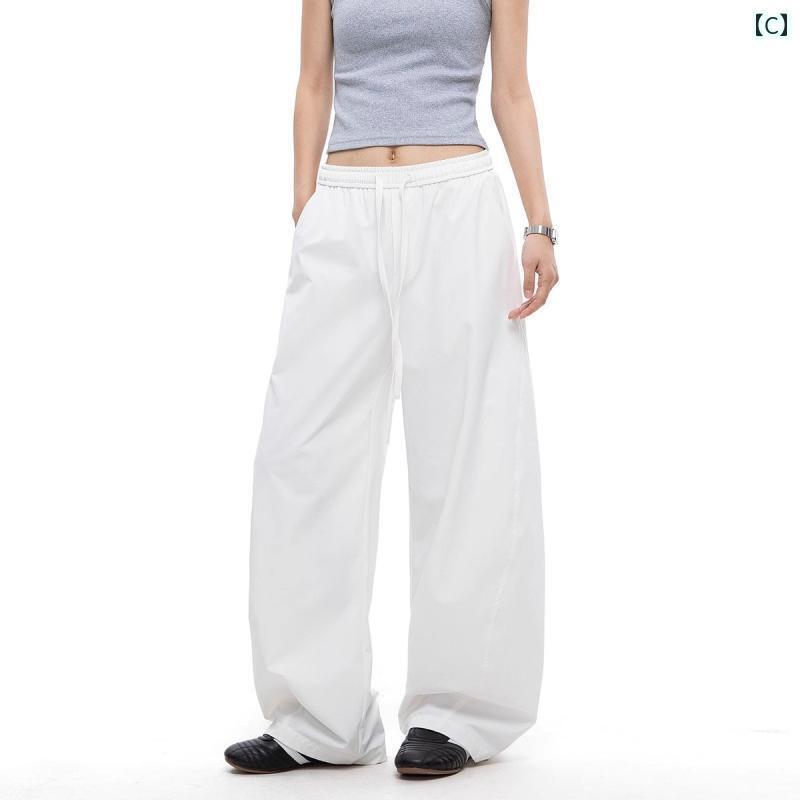 フレア パンツ ストリート アメリカン ネイビーブルーの クールで 速乾の ある マチェーテ カジュアル パンツ 男女兼用 夏用 ゆったり スポーツ ドレープ ワイド レッグ