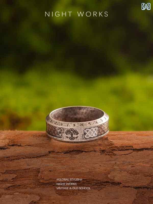 指輪 リング メンズ NIGHT WORKS 生命の 樹 北欧 神話 ヴァイキング レトロ オールド チタン リング メ..