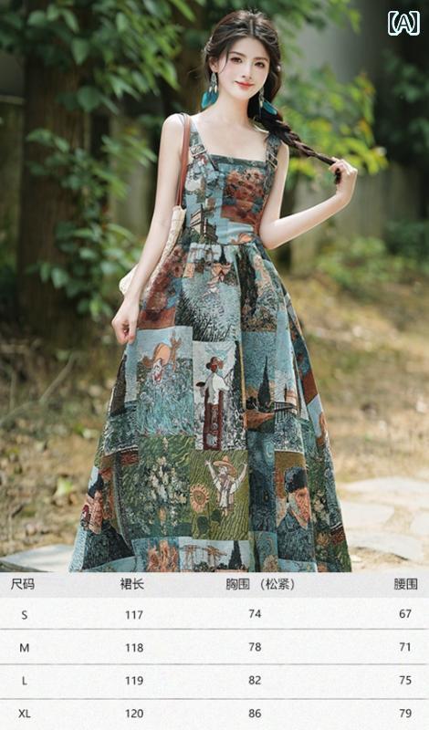 ジャンパー スカート オーバーオール フランス製 油絵 プリントの サスペンダー ドレス 女性用 2025夏 ..