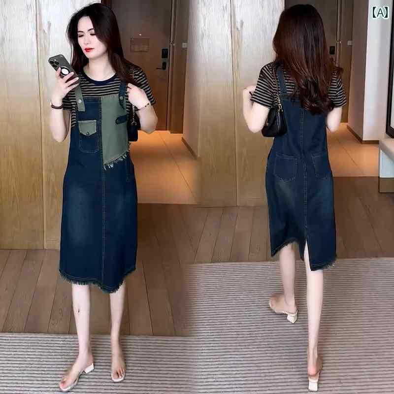 ジャンパー スカート オーバーオール 女性用 フェイク ツーピース デニム ドレス 2025夏 ゆったり スリム ミディアム 丈 ワークウェア オーバー オール スカート