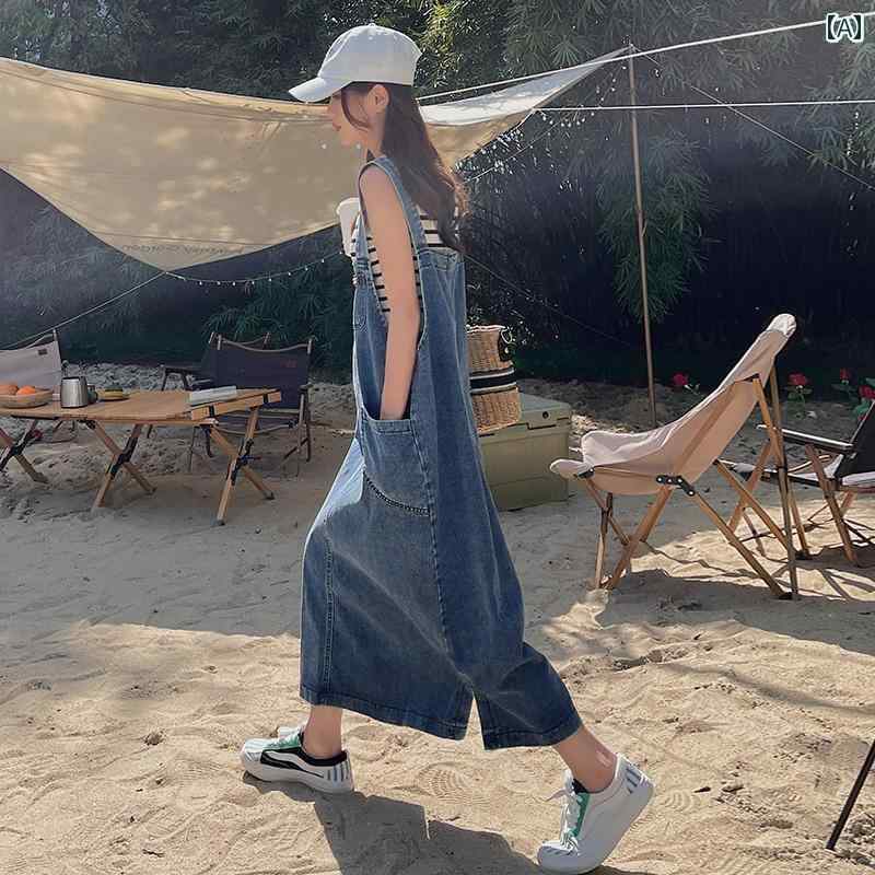 ゆったり ジャンパー スカート フランスの プラティ コドン レトロ デニムオーバーオール スカート 夏 レディース 薄手 2024 ロング ストレート カジュアル ドレス