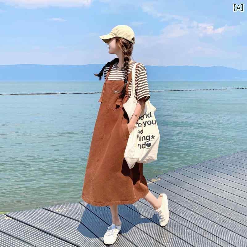 ゆったり ジャンパー スカート レディース 小さい 年齢を 減らす 茶色の サスペンダー スカート スーツ 2025 夏の マッチング ドレス ツーピース 完全...