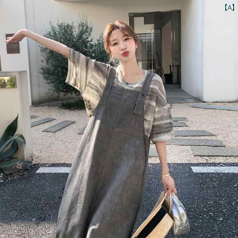 ゆったり ジャンパー スカート グレーの 作業着 サスペンダー ドレス スーツ レディース 夏 2025 遊び心の ある 年齢を 減らす カジュアル ストライプ Tシャツ ツーピース