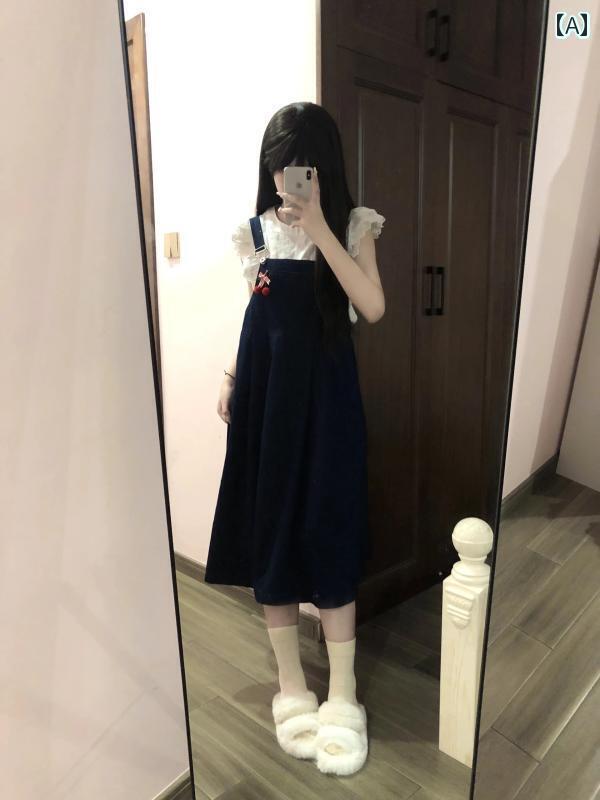 ゆったり ジャンパー スカート カレッジ プチ ドレス 2024 夏の 小さい フライング スリーブ サスペンダー ドール カラー シャツ ツーピース スーツ