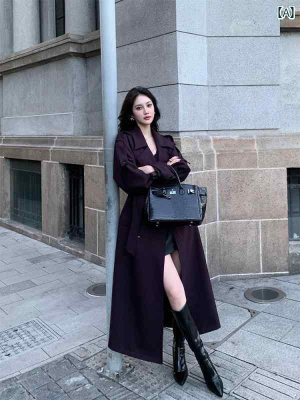 チェスター コート 上品 Jiexiang Defuna ロング パープル トレンチコート レディース 2024 秋 シルエット ダブルブレスト ウエスト コート ジャケット