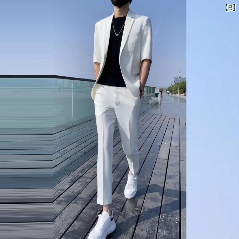 スーツ セットアップ メンズ 高級 メンズ 韓国 スリムフィット スーツ 七分袖 夏用 薄手 カジュアル ミッド スリーブ ダーク グリーン スモール