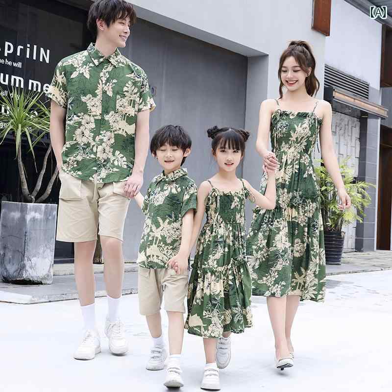 ペアルック 親子 カジュアル コーデ ビーチ 親子 衣装 2024 夏の 3人または 4人 家族の 高級 母子 半袖 ドレス