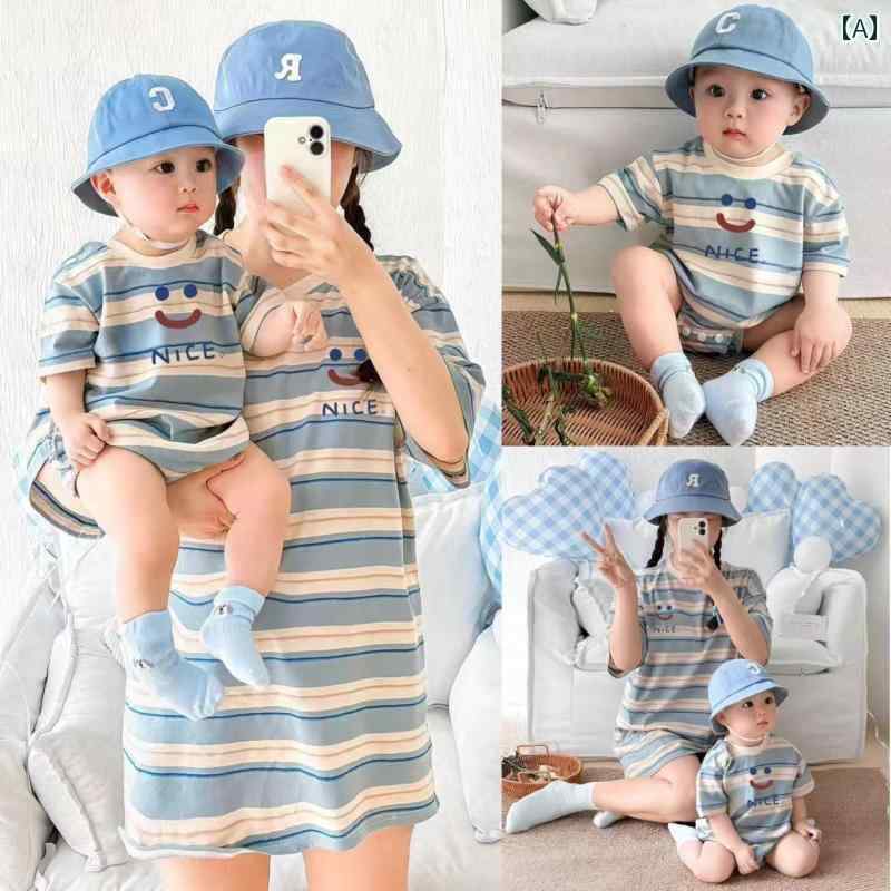 ペアルック 親子 カジュアル コーデ シンプル 親子の 服装 2025夏の 3人または 4人 家族の 半袖 ファミリー 衣装 ストライプ Tシャツ ベビー ジャンプスーツ