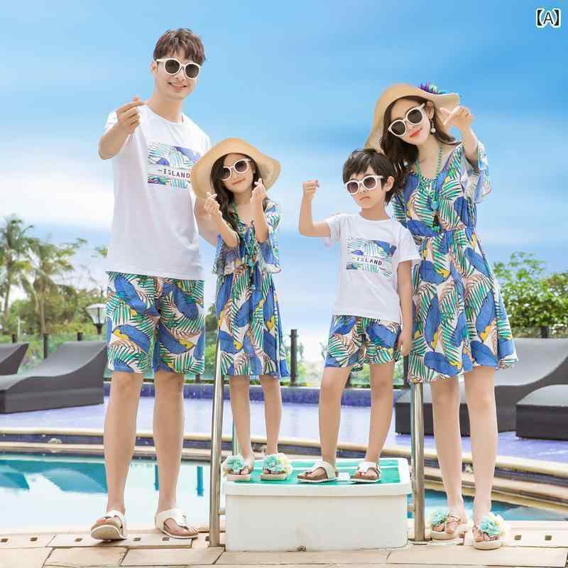 お揃い ファッション コーデ ペアルック カジュアル 洋風 ビーチ 親子 夏服 家族 34人 海辺の 休暇 母 娘 ドレス 母子 高級 スーツ