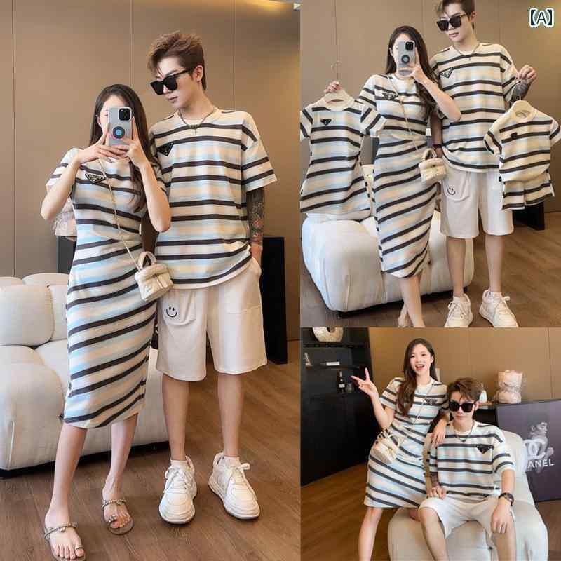 お揃い ファッション コーデ ペアルック カジュアル 2025年 親子 コーデ 夏 3人 家族 ベビー ストライプ 半袖 Tシャツ おしゃれな 母 娘 ドレス