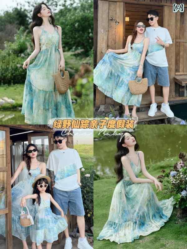 お揃い ファッション コーデ ペアルック カジュアル 3人 家族の 休暇の 親子の 服装 美しい 母と 娘 スリング 染めの ドレス 三 亜の 海辺の 子の 半袖 Tシャツ