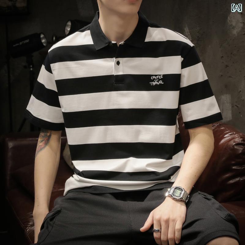ストライプTシャツ メンズ アメリカ 黒と 白の ストライプ 半袖 Tシャツ メンズ 2024な 刺繍な 綿 夏の