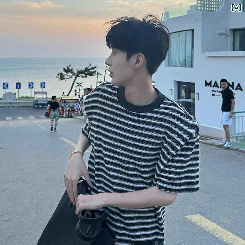 ストライプ Tシャツ 男性用 黒と 白の ストライプニット 半袖 メンズ 夏 インナーウェア アメリカン ヘ..