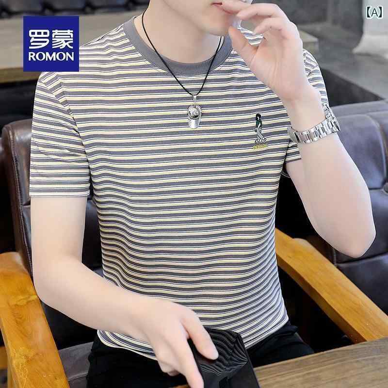 ストライプ Tシャツ 男性用 ロモン メンズ 冷感 半袖 Tシャツ 夏 スタイル カジュアル コットンストラ..