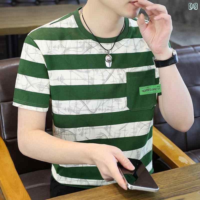 ストライプ Tシャツ 男性用 ストライプ メンズ 半袖 ラウンドネック 冷感 薄手 Tシャツ 2025夏 カジュ..
