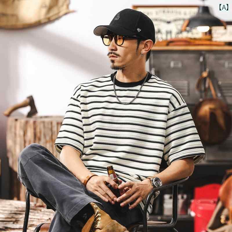 ストライプ Tシャツ 男性用 アメリカン レトロ 260 g ヘビー シー ソウル ストライプ メンズ Tシャツ ..