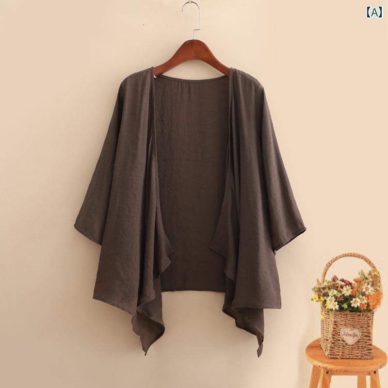 レディース カーディガン ニット レディース コットンと リネンの コート サスペンダー スカート 付きの 夏用の 小さい ショール ブラウスと カーディガン 薄手の 日焼け防止 服