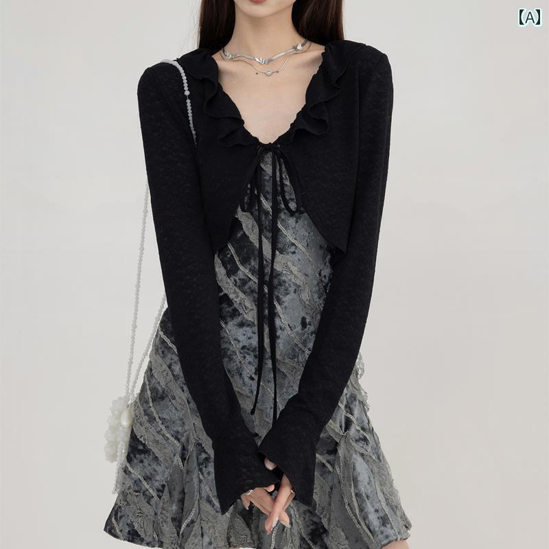 レディース カーディガン ニット 日焼け防止 カーディガン レディース 薄手 ショール 夏 サスペンダー 付き ドレス アウター カバー フレンチスタイル小 チョッキ 冷感 ジャケット