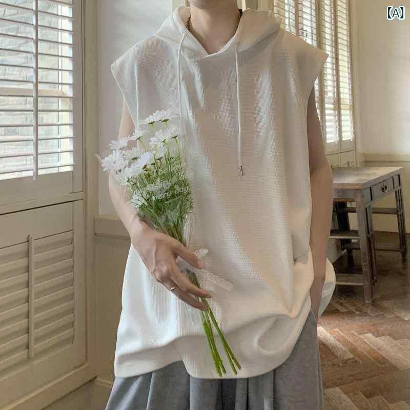 ノースリーブ パーカー フィットネスにも 300 Jin 特大 サイズ ワッフル フィットネス ベスト 男女兼用 夏 フード付き スポーツ ノースリーブ Tシャ...