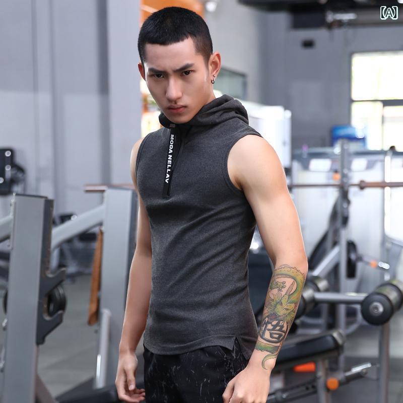 ノースリーブ パーカー フィットネスにも 夏用 フード付き ベスト メンズ ランニング スポーツ フィットネストレーニング 伸縮性 ウエスト コート 韓国 スリ...