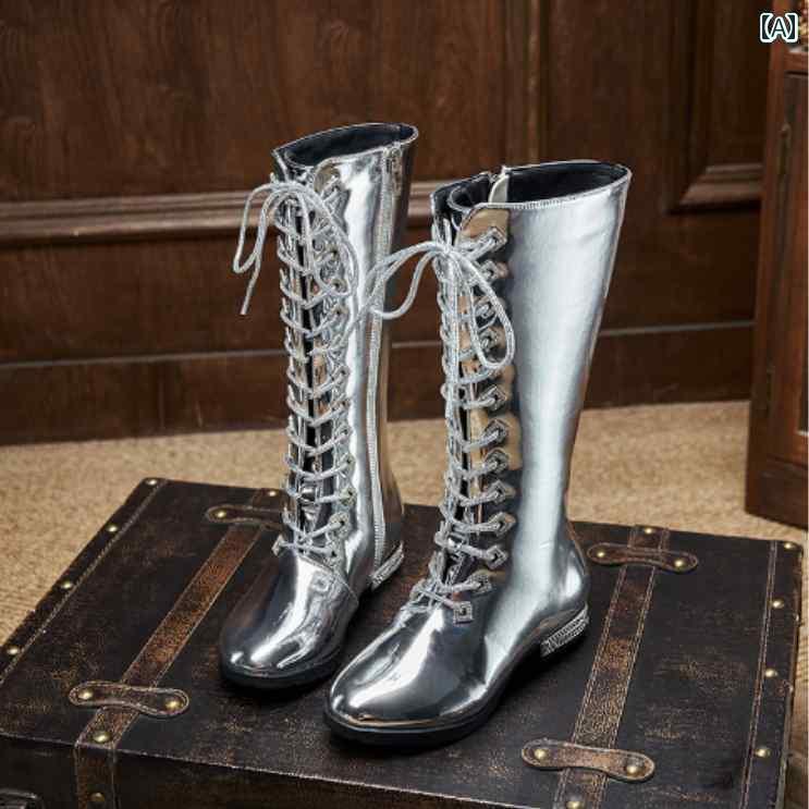 子供用 おしゃれ ブーツ 靴 子供用 キャットウォーク フラット ブーツ シルバー パテントレザー ガール..