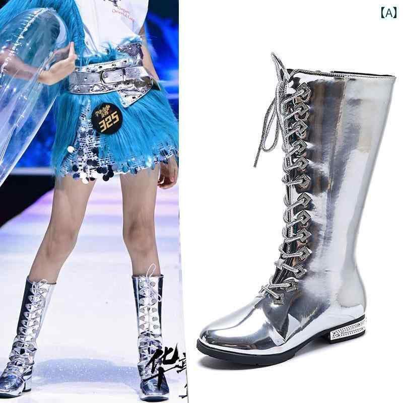 子供用 おしゃれ ブーツ 靴 チャイナ風 女の子 シルバー キャットウォーク ブーツ 明るい レザー ハイカット ダンス T ステージ パフォーマンス 競技 子供用