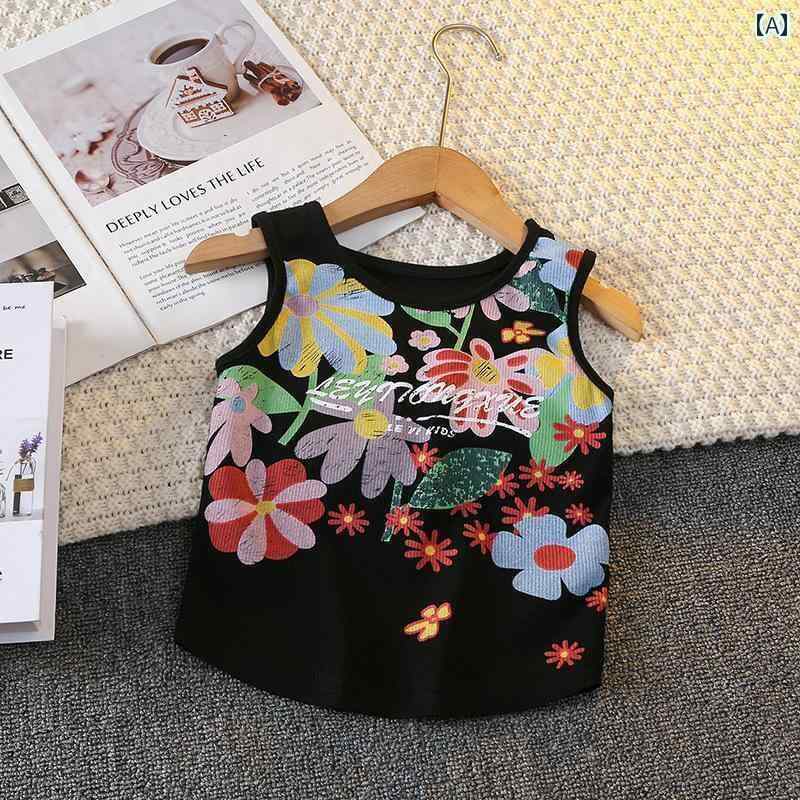 キッズ用 ノースリーブ タンクトップ 女の子 ベスト 2025 スタイリッシュな 夏の グラフィティ ひまわ..