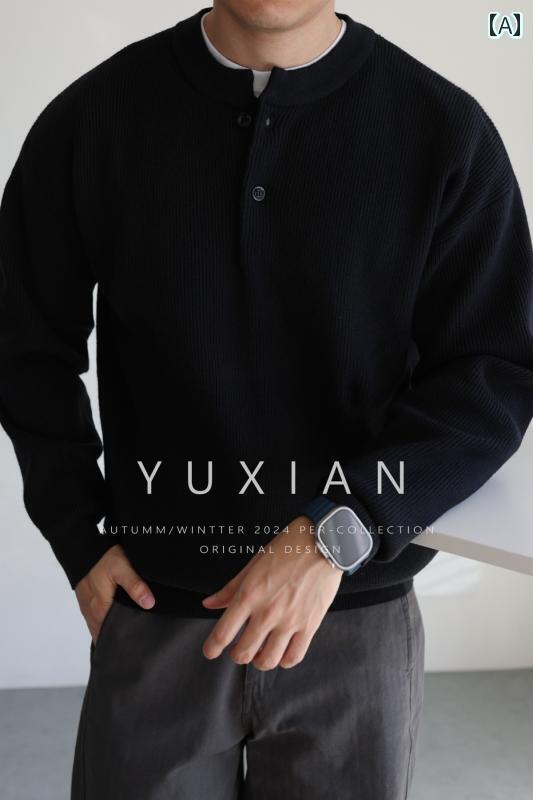 Uネック ニット カジュアル YUXIAN アメリカン ヘビー ニット ヘンリー カラー アンチ ピリング セーター カジュアル 通勤 無地 長袖 メンズ 秋冬
