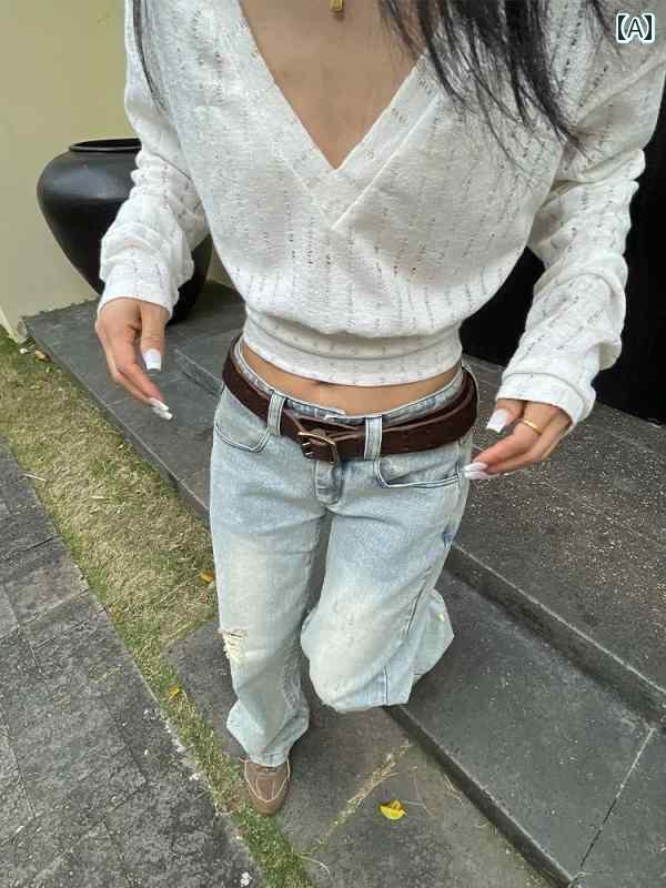 Vネック ニット カジュアル WildChild ホワイトの やや 透け 感の ある Vネック ウエスト バット 長袖 セーター