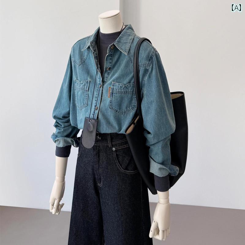 デニム ジャケット レディース シャツ の 商品 ～ 風 ウォッシュ ブルー デニムジャケット レディース 春秋 2025 万能 トップス