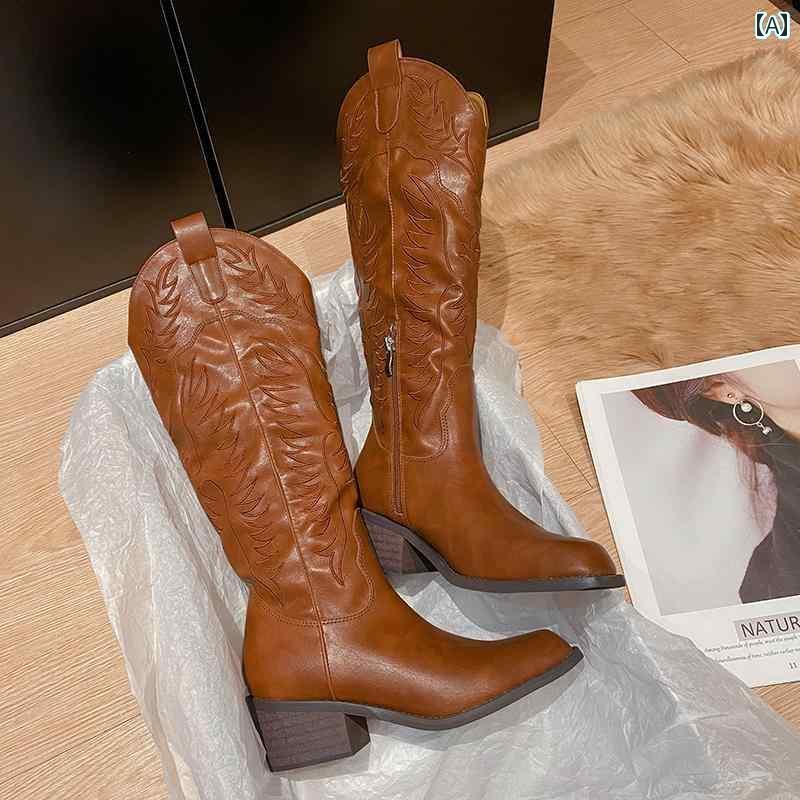 レディース おしゃれ ハイ ブーツ Yi Mengling ブーツ レディース 革 刺繍入り ハイヒール V マウス ウ..