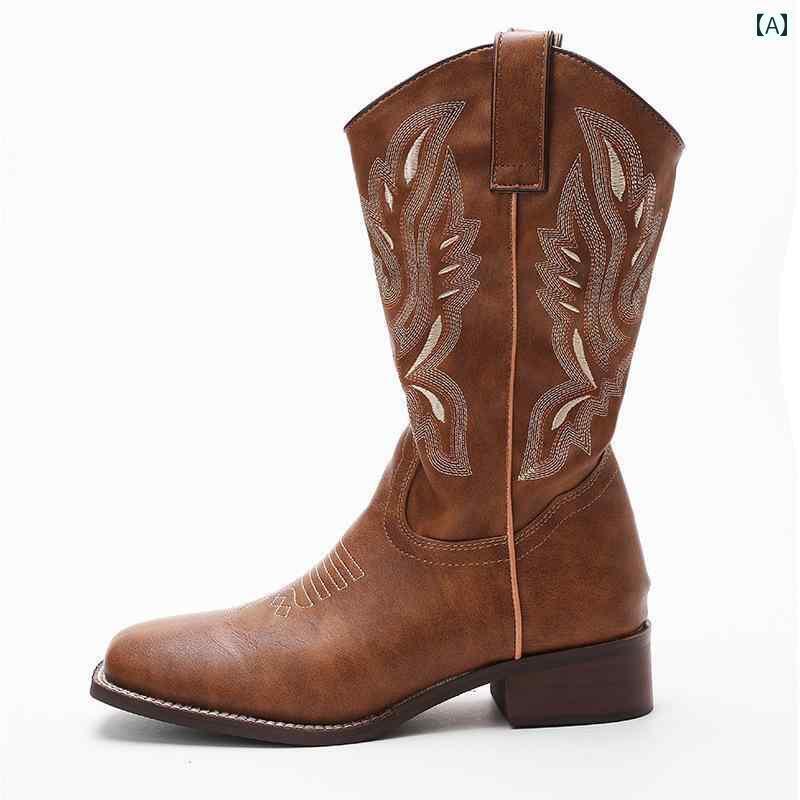 レディース おしゃれ ハイ ブーツ 劉 亦 菲と 同じ ウイグル 刺繍入り レトロ 騎士 ブーツ ミドル チューブ 女性用 ボヘミアン デザート カウボーイブーツ