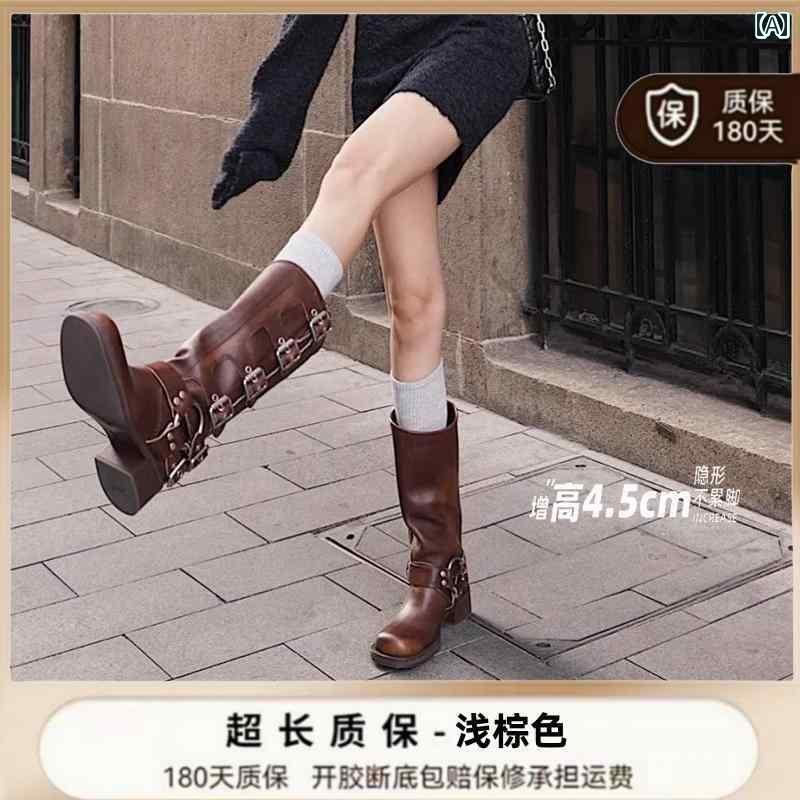 ブーツ レディース おしゃれ 夏の 女性用 ブーツ アメリカン レトロ ハイ ナイト ブラウン パンク モー..