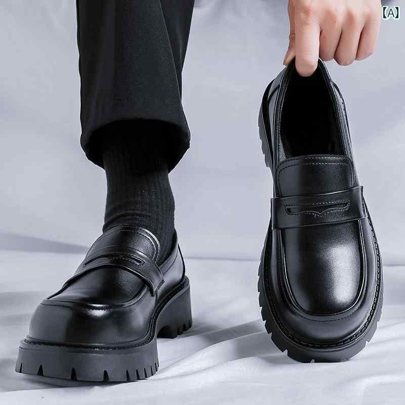 メンズ ローファー 靴 メンズ 革靴 スリッポン カジュアル ビジネス フォーマル ラージ トゥ 厚底 ローファー 英国 風 ビーニー シューズ