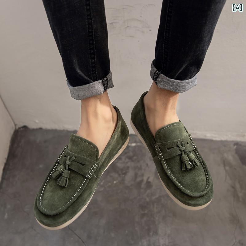 メンズ ローファー 靴 韓国 革 ローファー メンズ タッセル 英国 風 スエード スリッポン ソフト ソール カジュアル シューズ