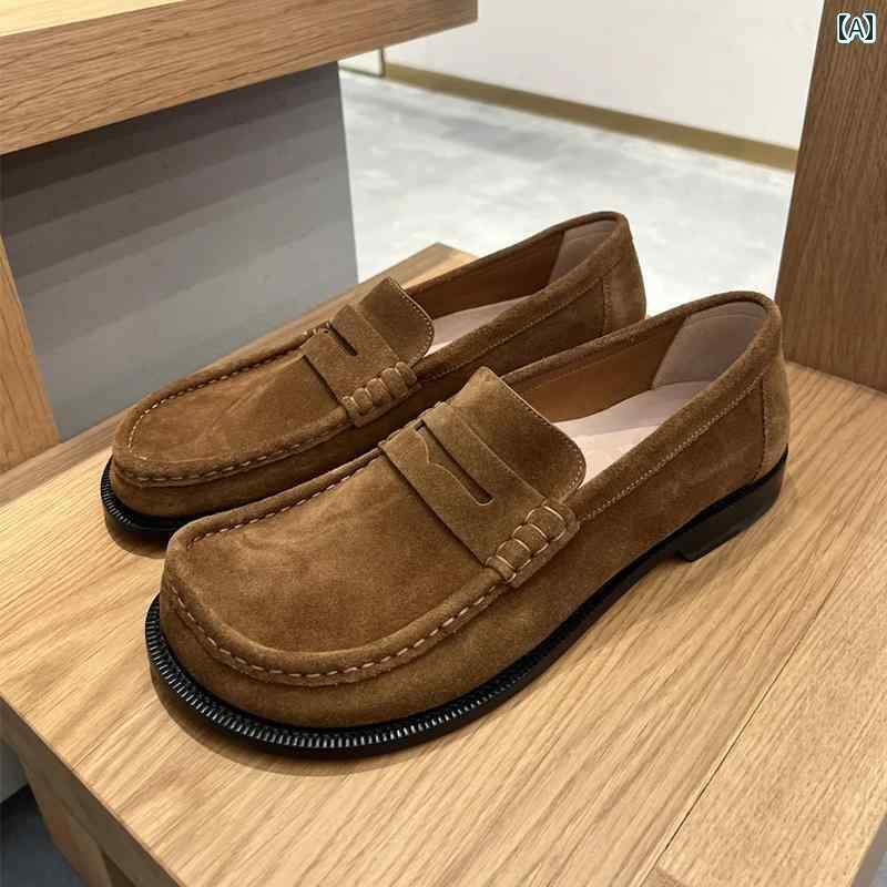 ローファー カジュアル おしゃれ オールド マネー スタイル カンポ ハイエンド レトロ ブラウン スエード ローファー メンズ スクエアトゥ スリッポン 通勤 靴 レザーシューズ