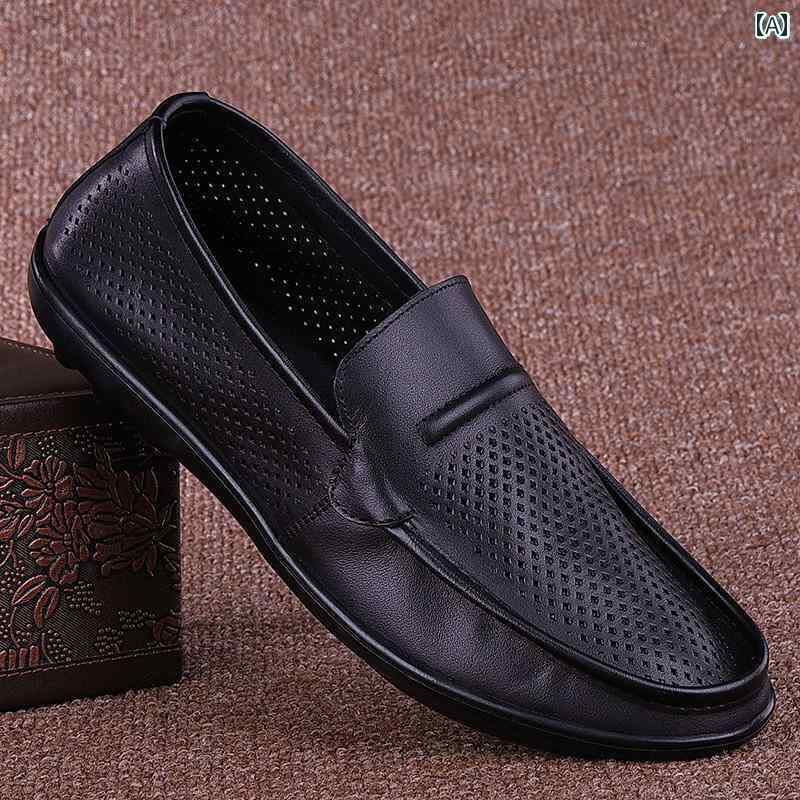 カジュアル シューズ 男性用 の 夏の サンダル メンズカジュアル 革 メンズシューズ第一層 牛革 穴あき 通気性 スリッポン な 靴