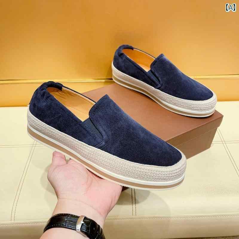 カジュアル シューズ 男性用 ステーション 革 スリッポン 麻 ロープ 編み メンズシューズ ローファー 通気性 カジュアル シューズ 漁師 靴 ビジネス