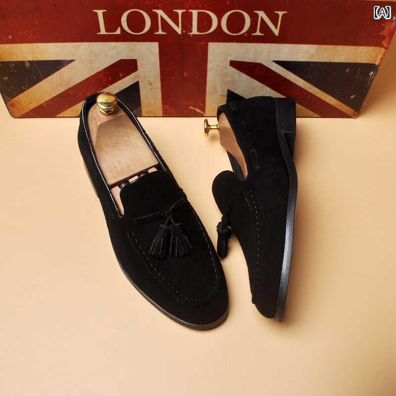 カジュアル シューズ 男性用 メンズ 英国製 革 通気性 スエード 2024 英国 スタイル ファー モカシン タッセル レザーシューズ