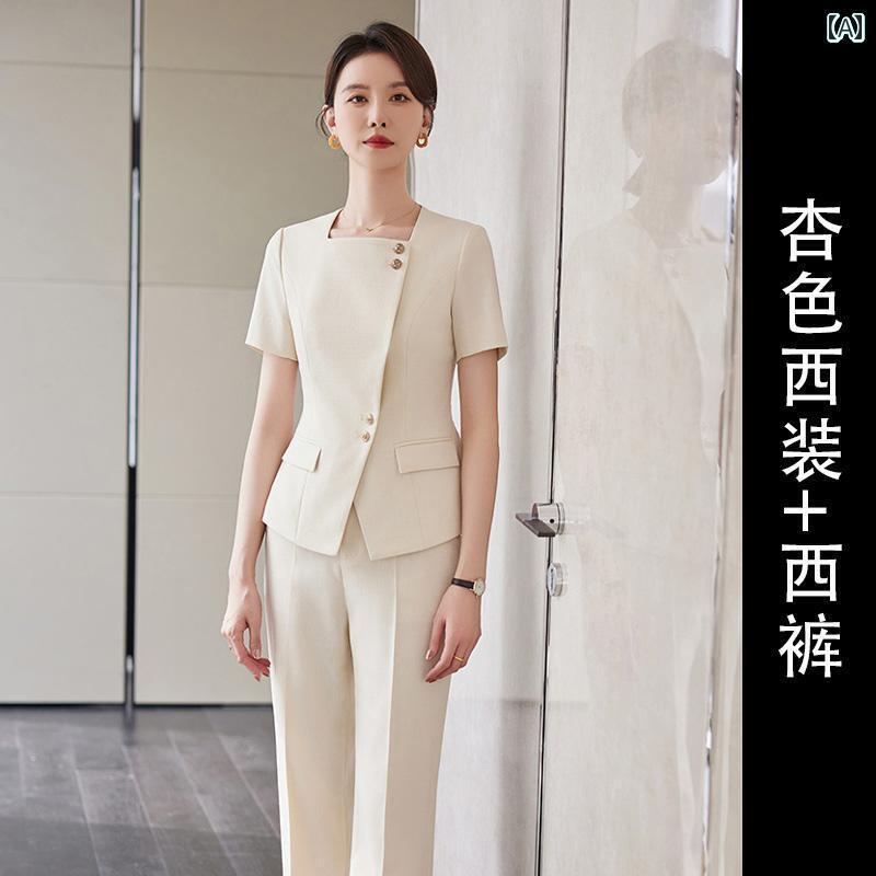 ユニフォーム エステ 事務服 Shiluya 2024夏 アプリコットカラーの プロ スーツ レディース 半袖 薄手 ホテル 美容院 作業着