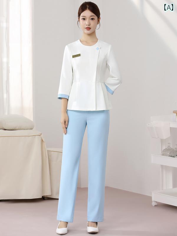 ユニフォーム エステ 事務服 高級 美容 室 美容師 作業着 女性 秋 ヘルスクラブ スパ マッサージ フットバス ペディキュア 技術者の 制服