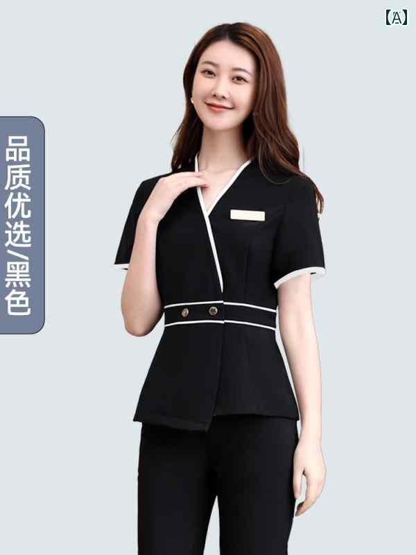 ユニフォーム エステ 事務服 美容師 作業着 2025 レディーススーツ フロント デスク 高級 スキン 管理 春夏 美容院