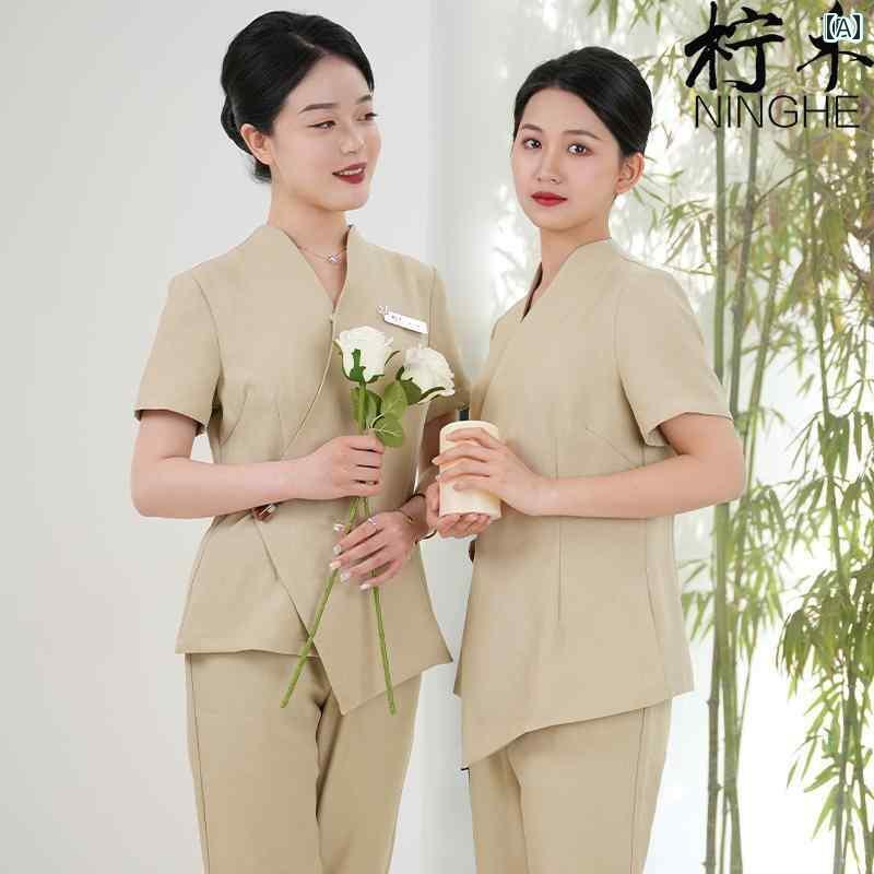 レディース 事務服 ユニフォーム 寧 河 スキン ケア 作業着 高級 美容 サロン 技術者 服 半袖 ベージュ..