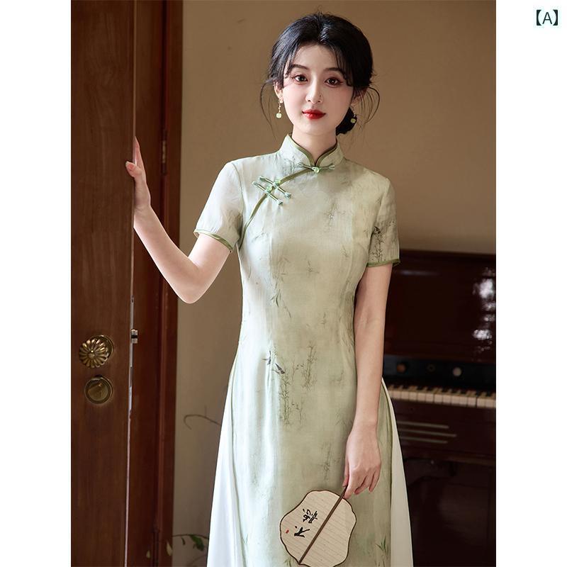 アオザイ ドレス グリーン アオザイ チャイナ ドレス 2025 エレガントな レトロ チャイナ風 若見え 女の子