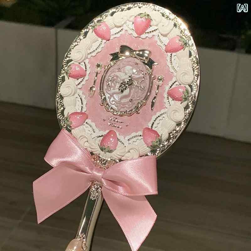 手鏡 コンパクト おしゃれ Huazhixiao イチゴ キューピッド ハンドヘルド 化粧 鏡 ミニミラー 学生 ポータブル高 価値