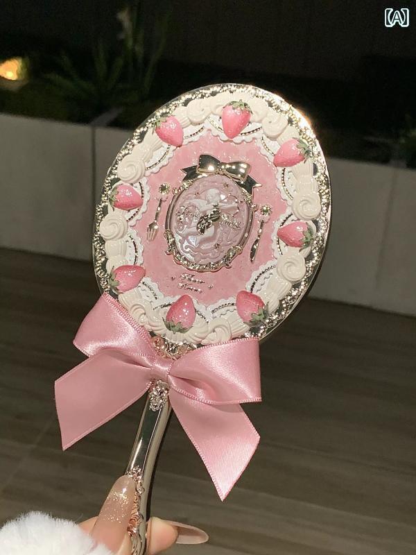 手鏡 コンパクト おしゃれ Huazhixiao ストロベリー キューピッド シリーズ ハンドヘルド ミラー プリンセス ガール スタイル スイート ピンク ミニミラー