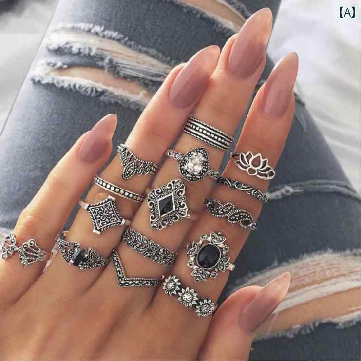 ジュエリー インディアン レディース と アメリカ レトロ コンビ ネーション リング セット ボヘミアン リゾート メタル クリスタル リングを 組み合わせて...