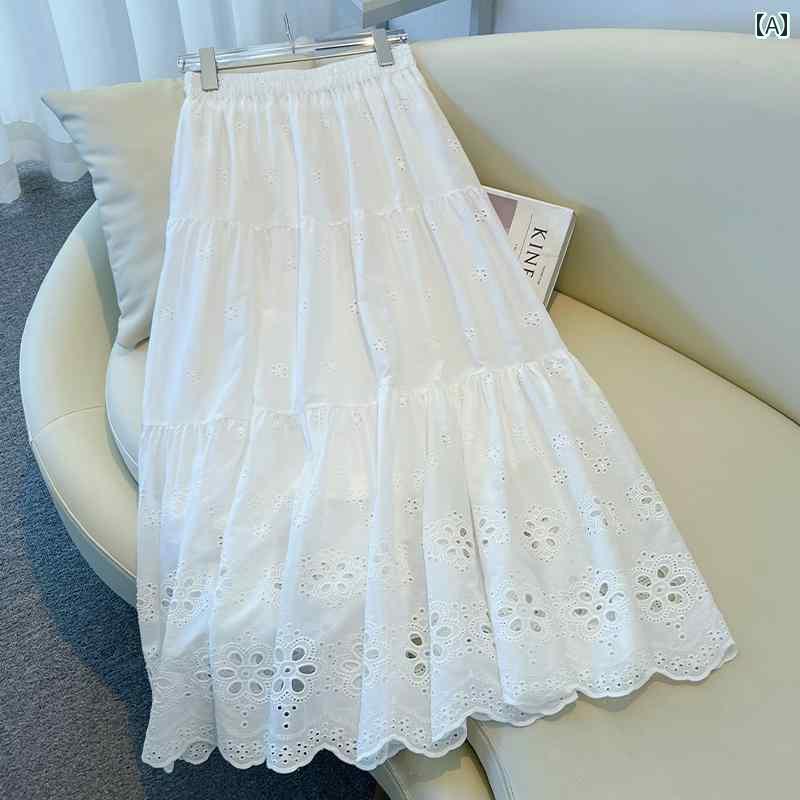 ペプラム スカート レディース ホワイト レースの ふわふわ ティアードスカート 女性用 夏 2025 スプライシング 花柄 aライン プリーツ フェアリー スカート(4)